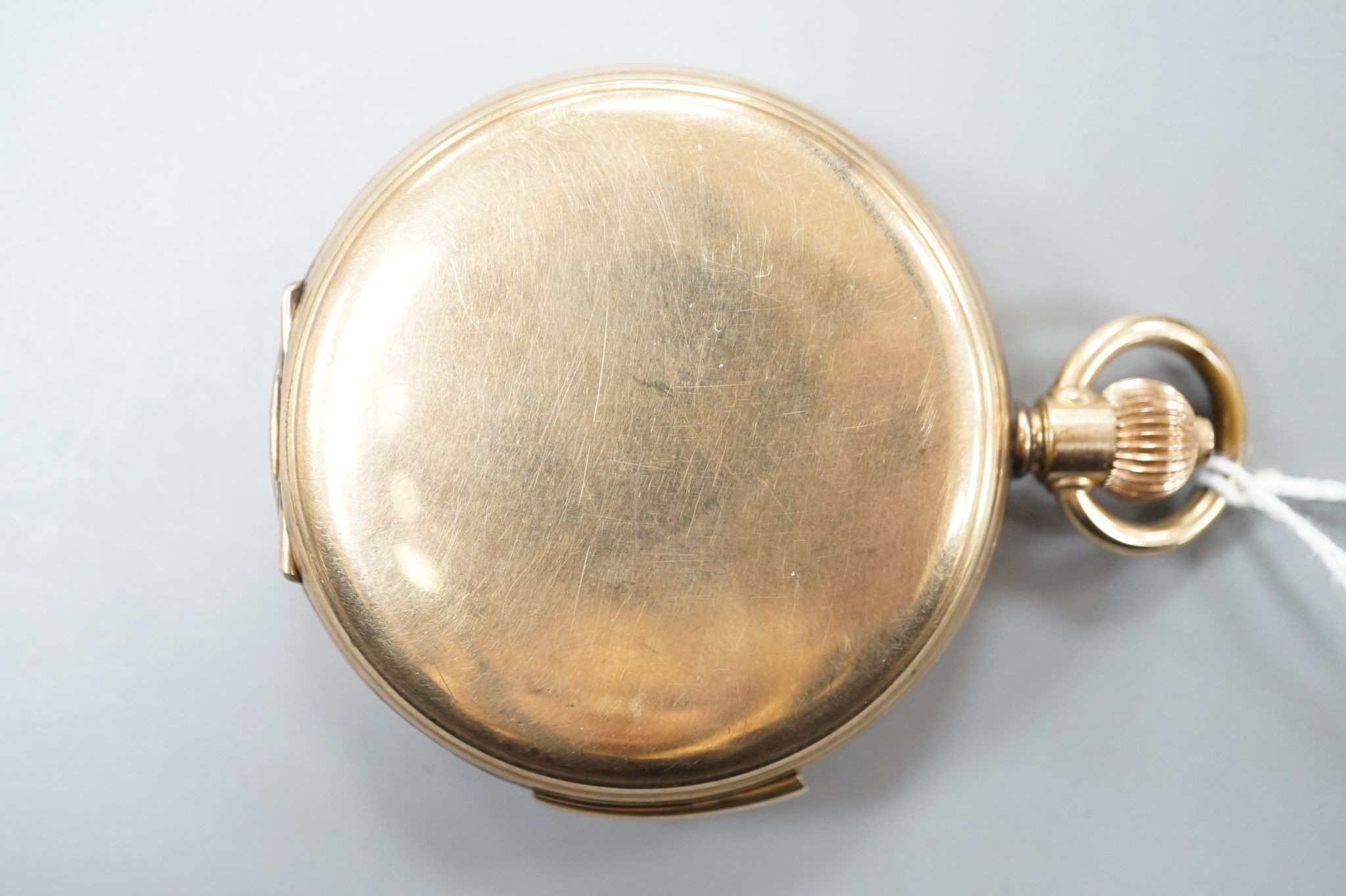 An early 20th century gold plated quarter repeating hunter keyless pocket watch by Thomas Russell & Son, Liverpool, with Roman dial and subsidiary seconds, case diameter 57mm.